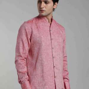 Zeke - Pure Linen Shirt with Back Box Pleat & Button Detail - Red Chambray