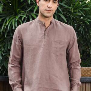 Trevor - Half Placket Pure Linen Full Sleeve Shirt - Toasted Brown