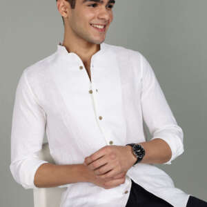 Zeke - Pure Linen Shirt with Back Box Pleat & Button Detail - White
